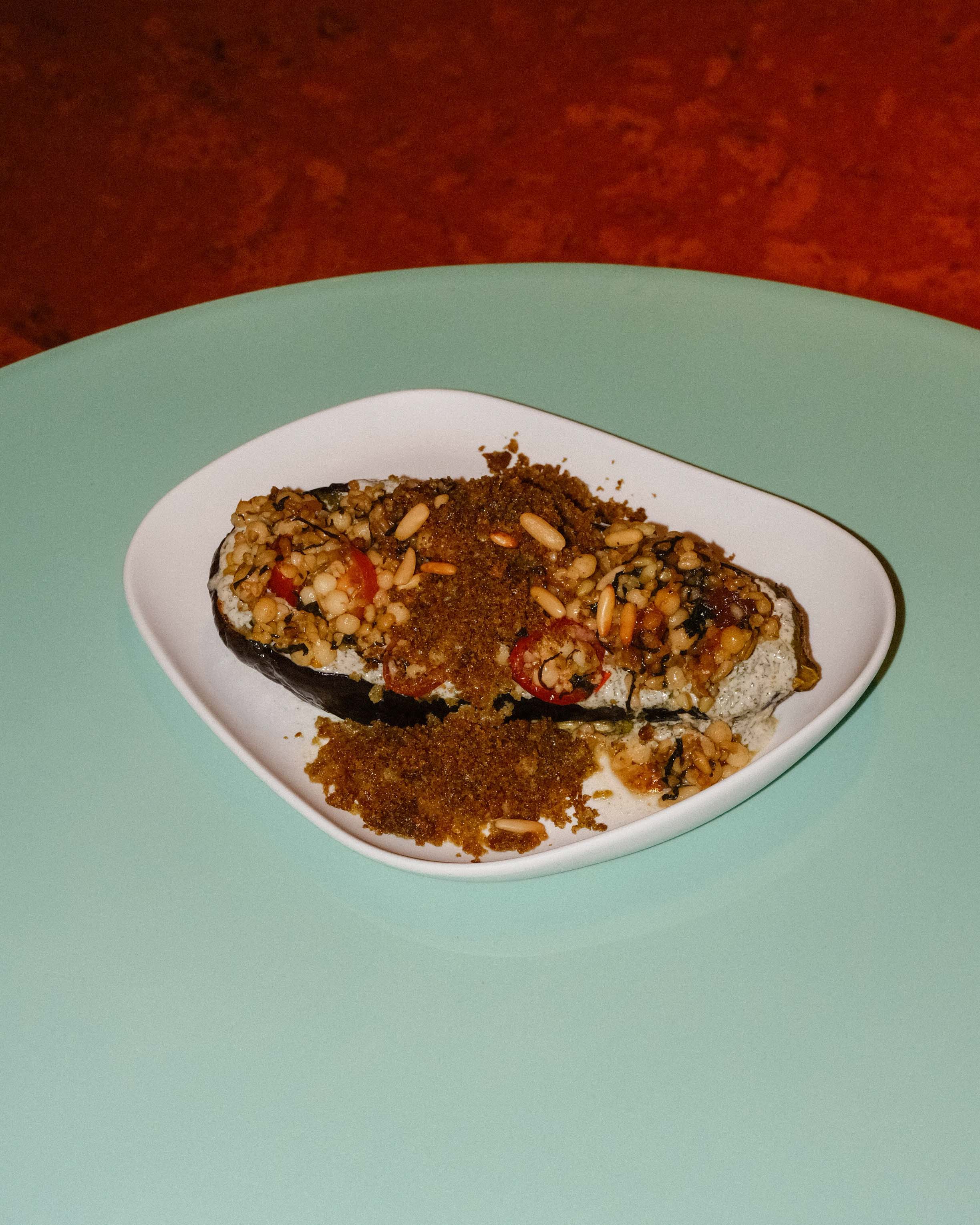 Roasted Eggplant with Spiced Moghrabieh & Freekeh